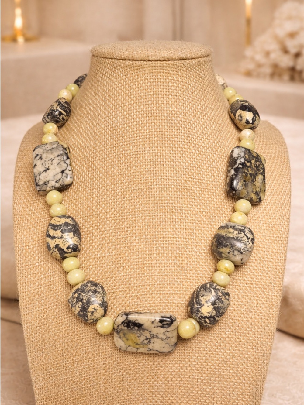 Vintage Jasper Stone Beaded Necklace 16" Black Cream Yellow Natural Stone Toggle